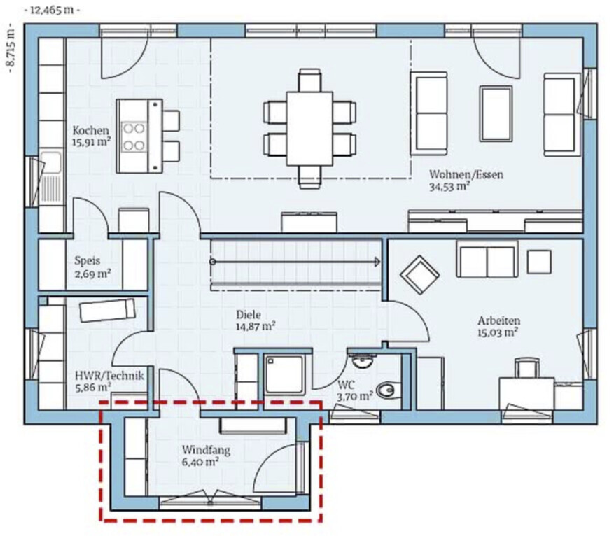 Floor plan: kitchen, dining/living area, office, hallway, entrance area, guest WC, pantry, utility/technical room