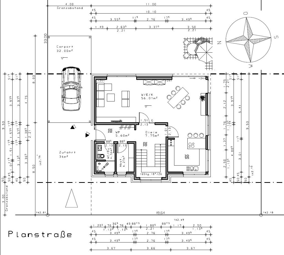 Floor plan of a house: carport, driveway, living/dining room, kitchen, hallway, WC, storage room.