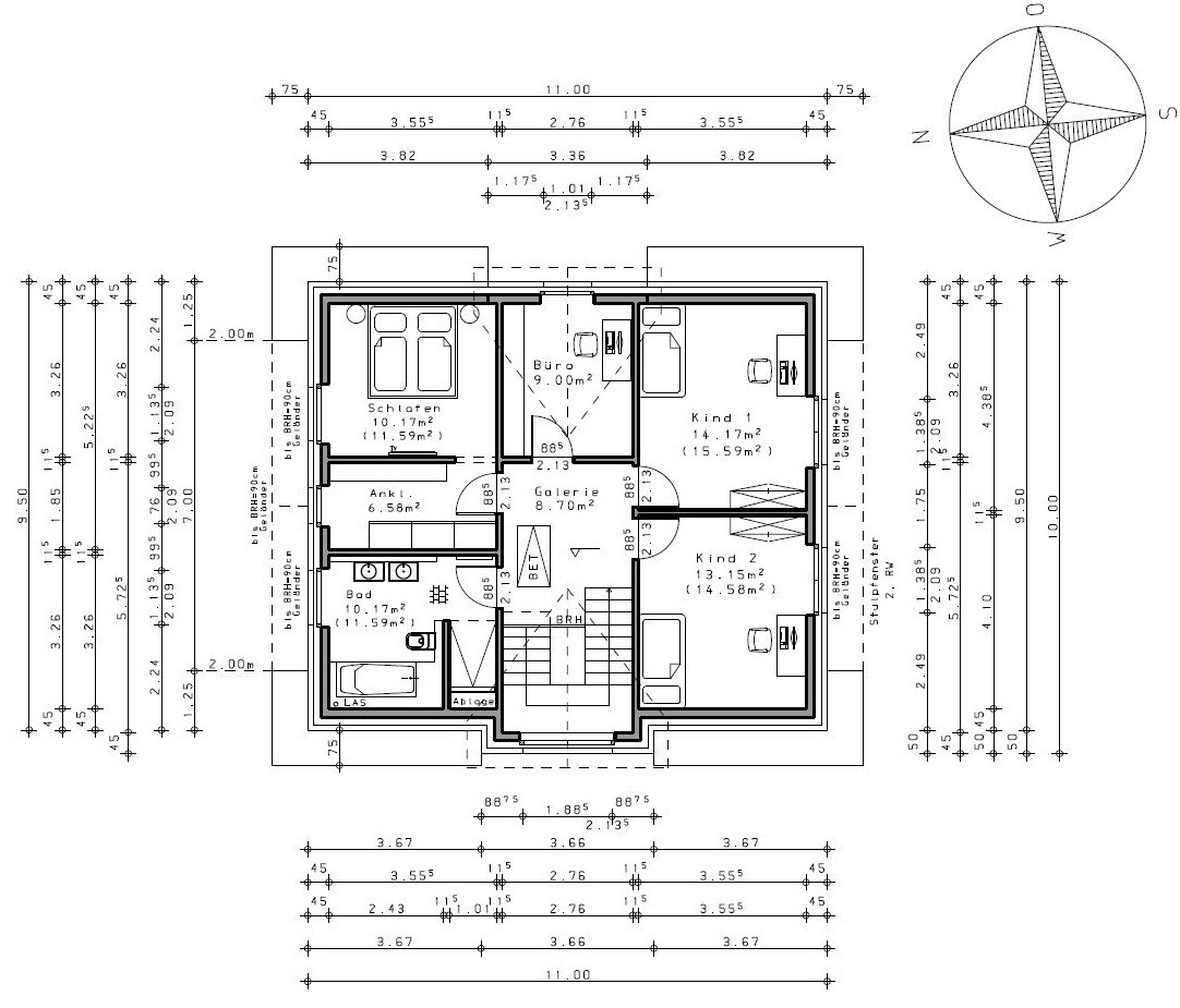 Floor plan of a house with bedroom, office, two children’s rooms, bathroom, and staircase.