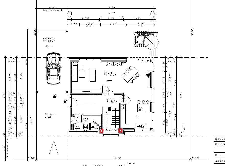 Floor plan of a house: carport, driveway, open living/dining/kitchen area, hallway.