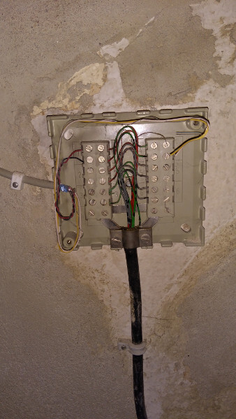 Verkabelte Wanddose mit zwei Terminalblöcken, vielen farbigen Drähten und schwarzem Kabel.