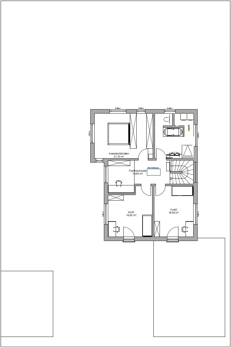 Floor plan of the upper floor: bedroom with walk-in closet, two children’s rooms, bathroom, hallway, and stairs.