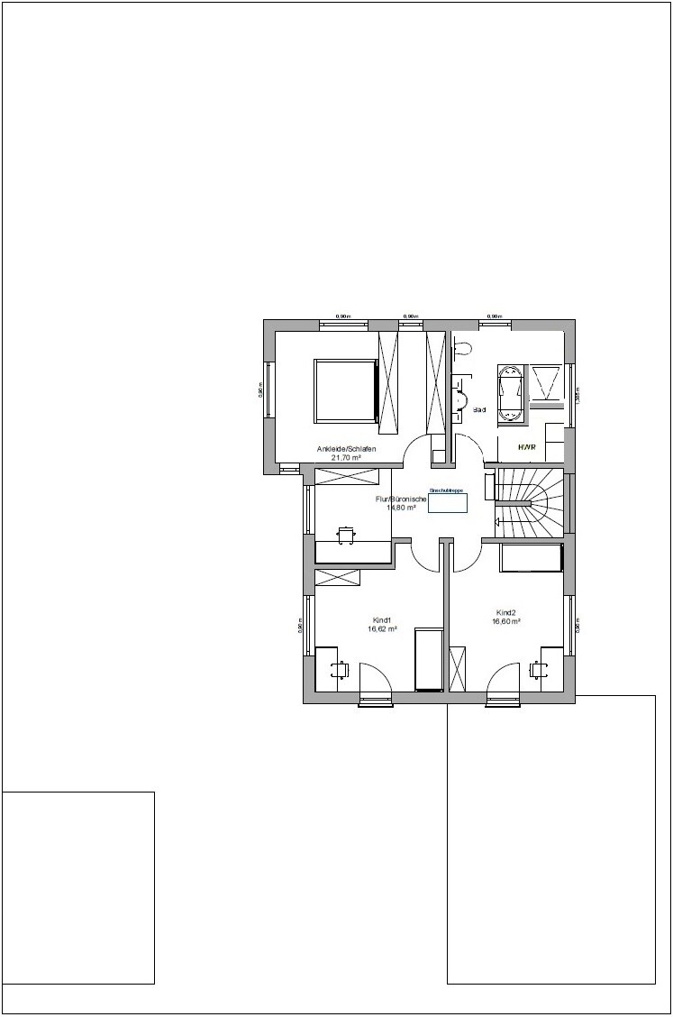 Floor plan of a residential house with walk-in closet/bedroom, hallway, two children’s rooms, bathroom, and utility room.