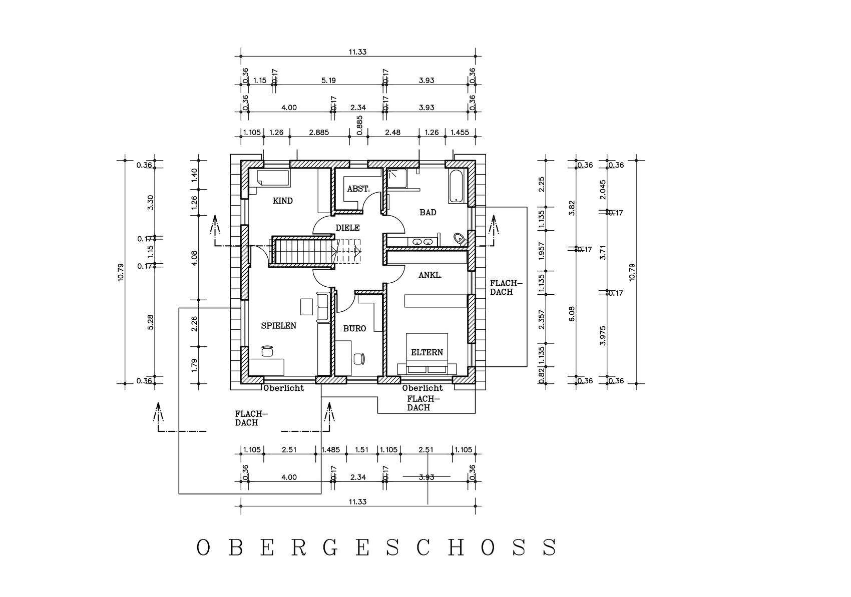 Upper floor plan with master bedroom, child’s room, office, playroom, bathroom, hallway.