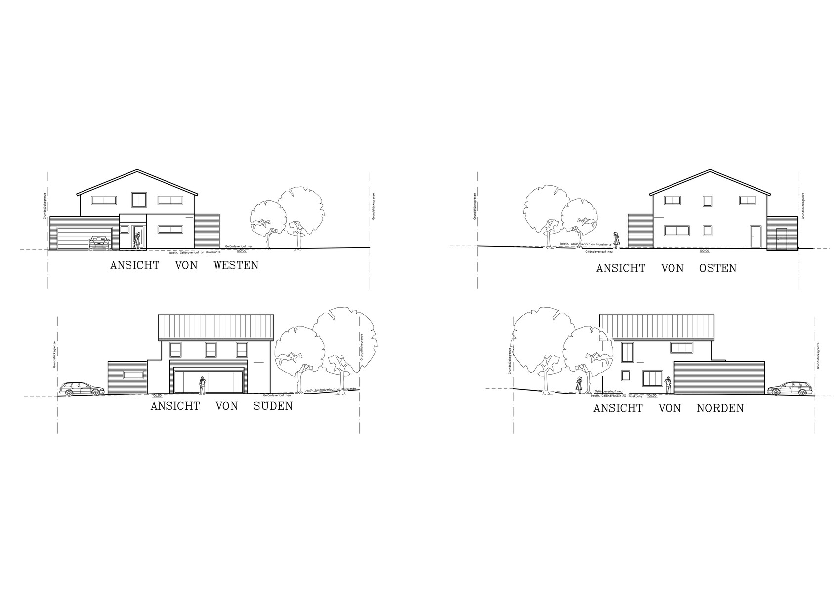 Four views of a modern house with garage, trees, and cars (west, east, south, north).