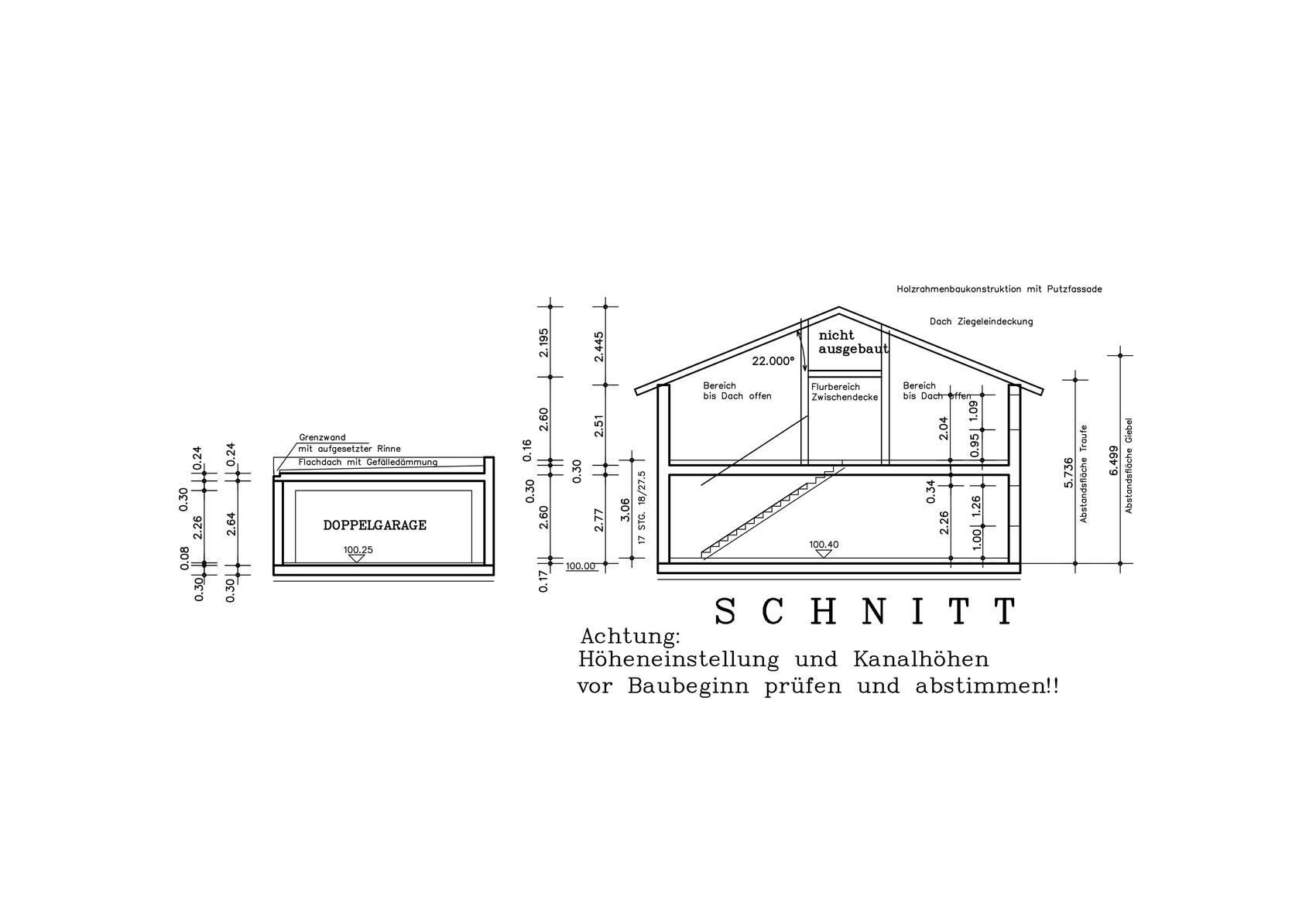 Technical drawing: house with double garage, sections, and dimensions.