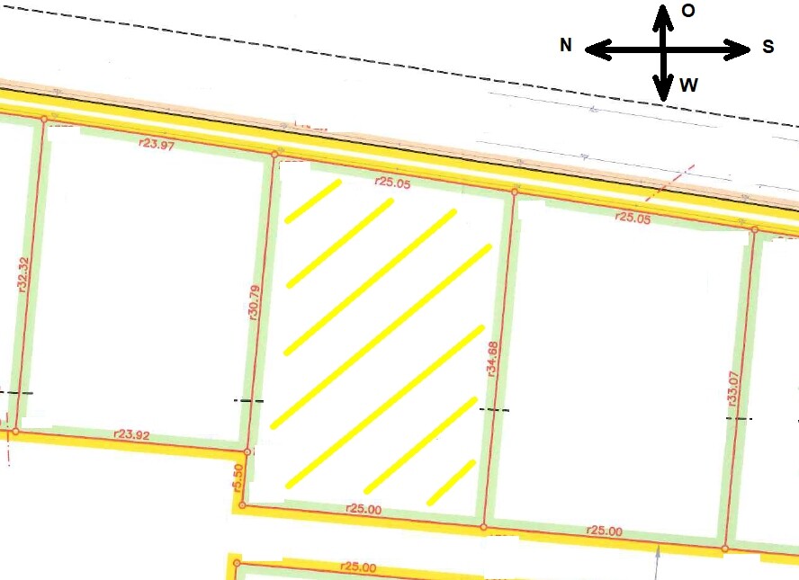 Site plan of parcels; one parcel shaded yellow diagonally; compass rose top right.