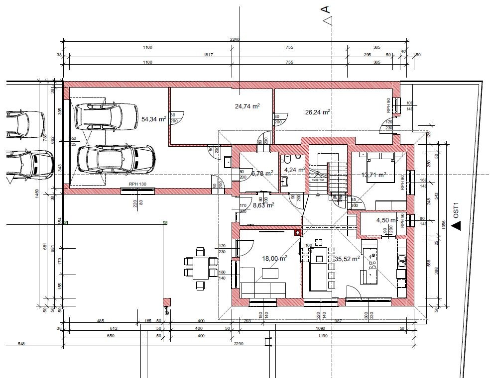 Floor plan of a building: garage with two cars, living/dining room, kitchen, bathroom, bedroom.