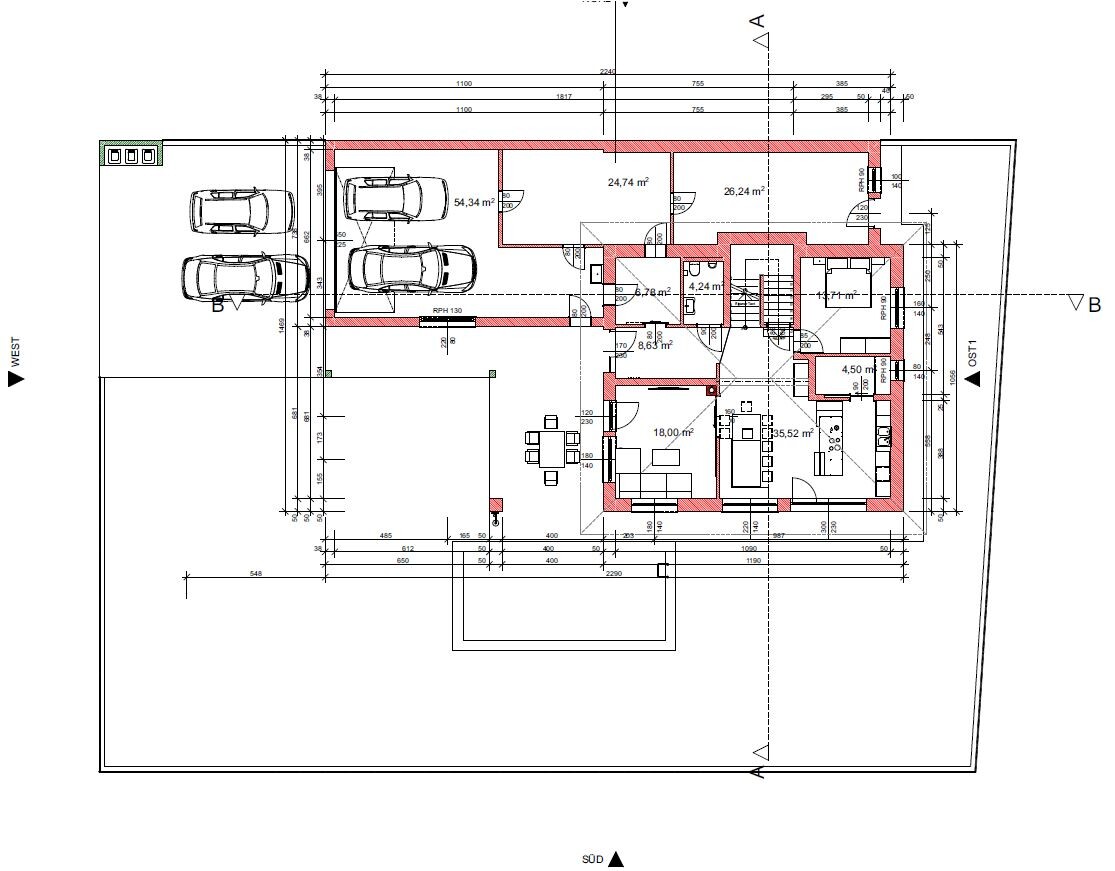 Floor plan of a single-family house with triple garage on the left and interior rooms.