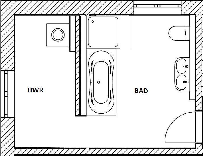 Floor plan of a bathroom with bathtub, double sink, and door; next to it utility room with washing machine.