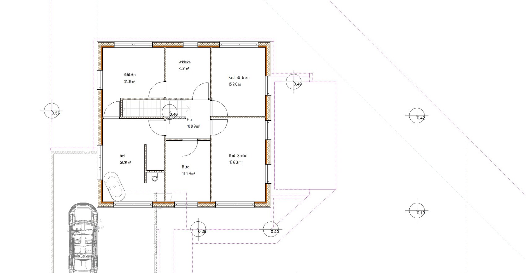 Grundriss eines Einfamilienhauses mit Schlafzimmer, Ankleide, Kinderzimmer, Büro und Bad.