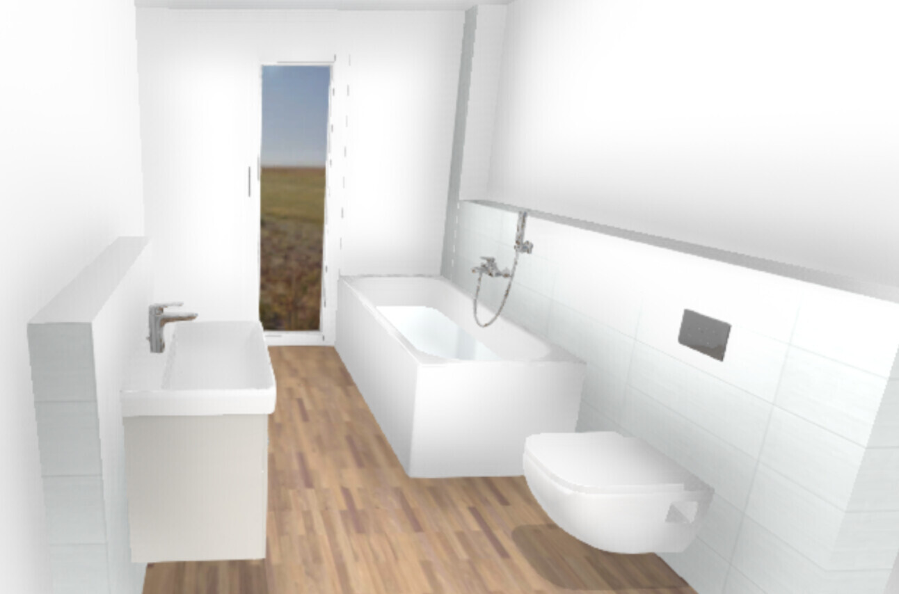 3D render of a bright bathroom with sink, bathtub, and toilet