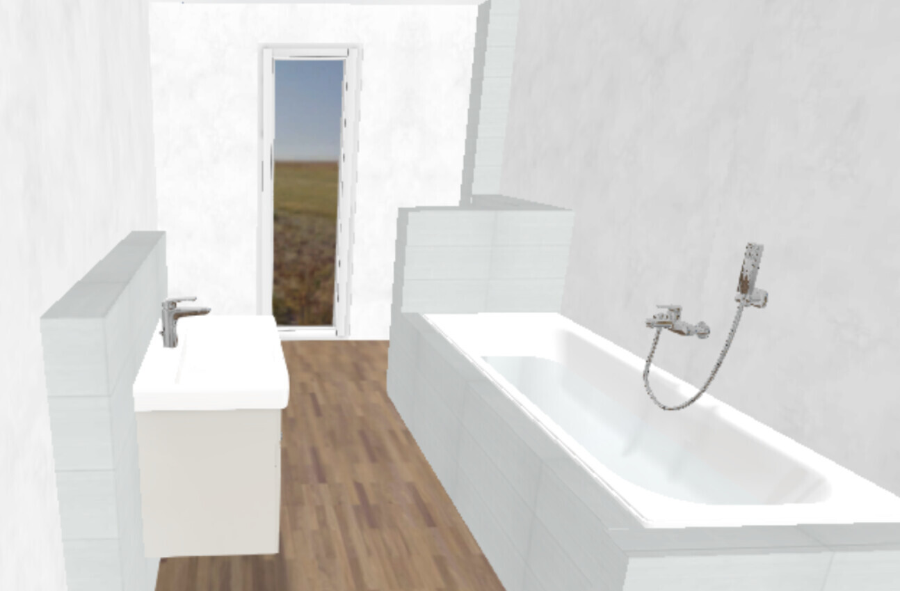 Bright bathroom with sink on the left, bathtub on the right, wooden floor, and door with view over fields