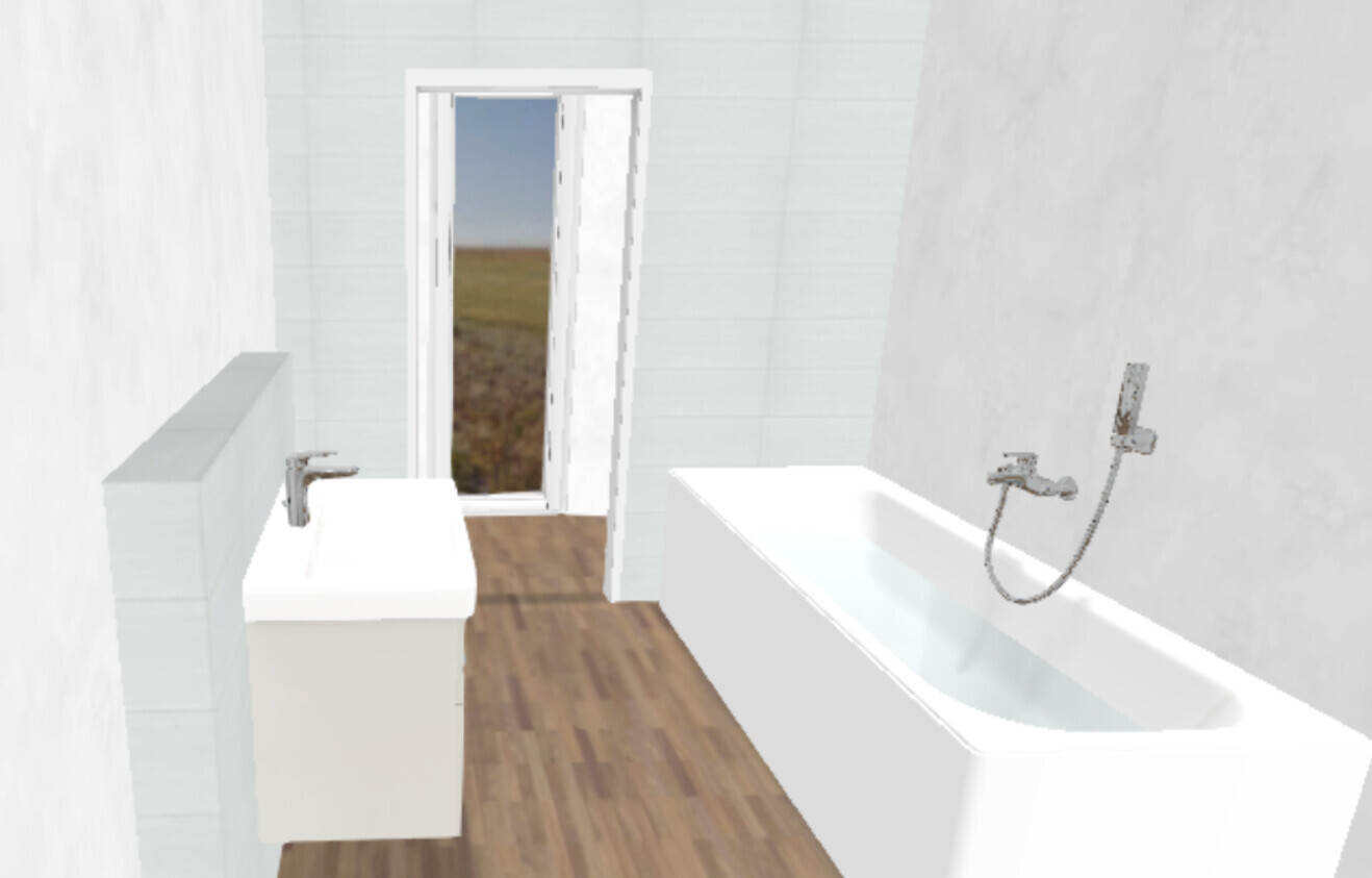 Bathroom with freestanding bathtub, sink, shower fitting, and open door to the field landscape.