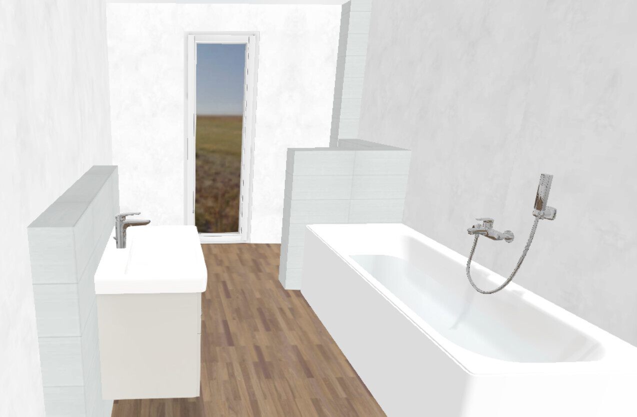 Bathroom with bathtub, sink, shower fixture, wooden floor, door to the outside.