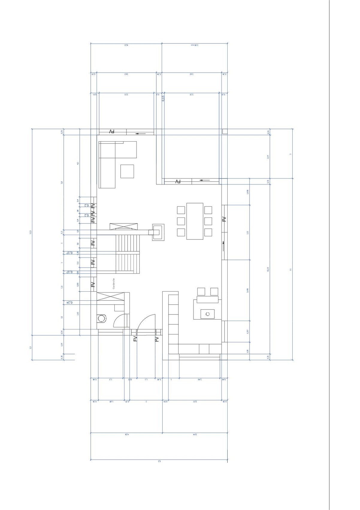 Floor plan of a living room with kitchen, dining table, sofa, staircase, and doors.