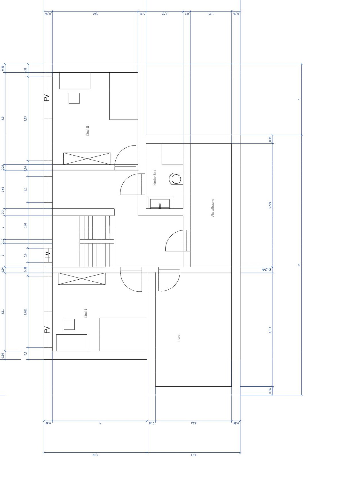 Detailed floor plan of a house with several rooms, doors, stairs, and storage areas.