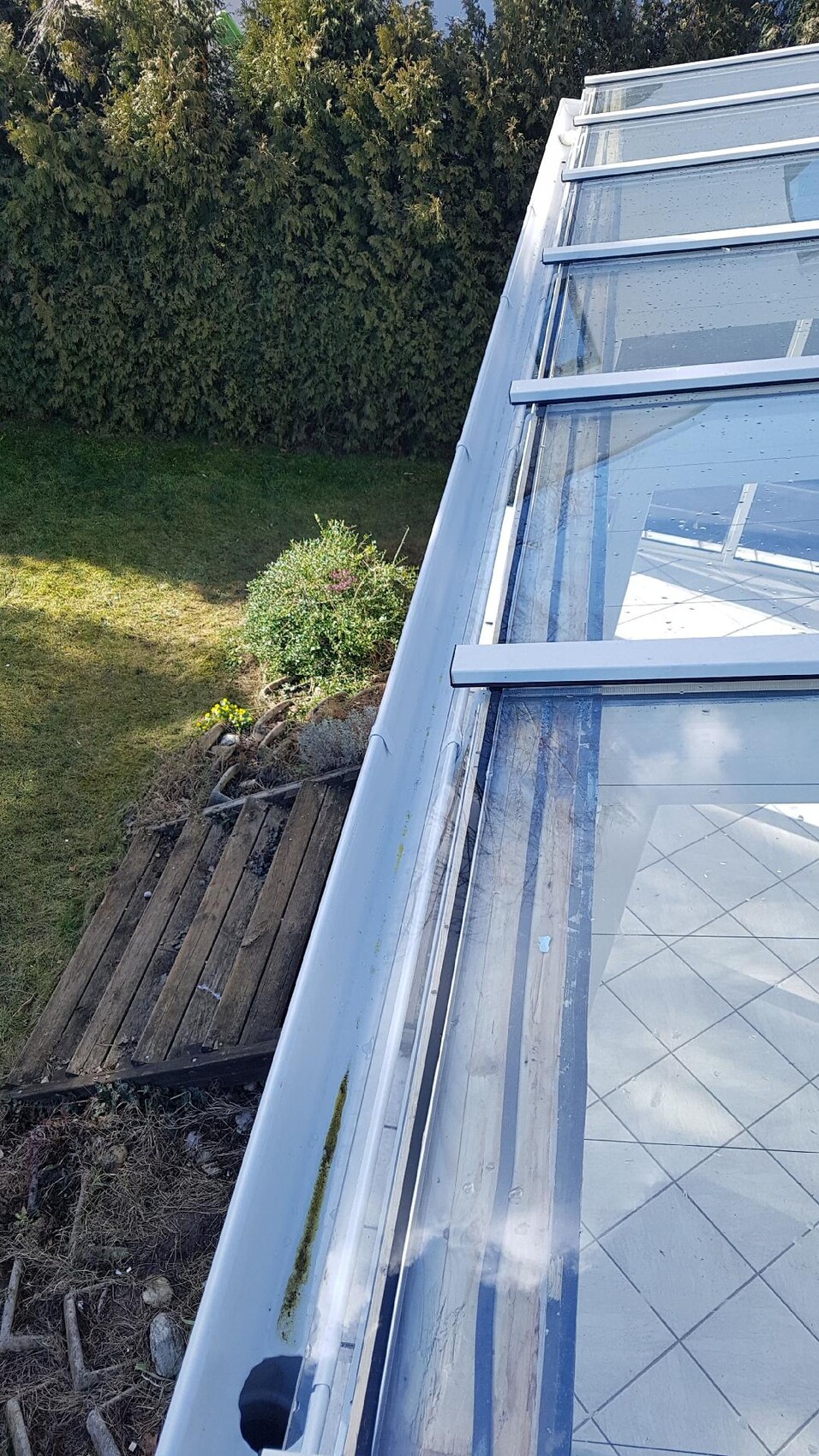 Blick von oben auf ein geneigtes Glasdach mit Metallrahmen, Garten mit Hecke.