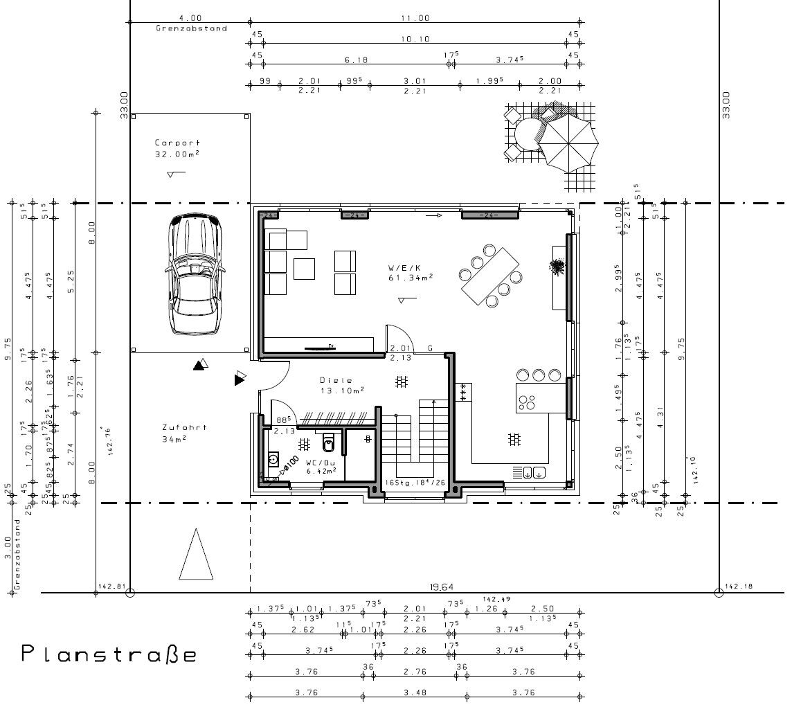 Floor plan of a single-family house with carport, open kitchen-living area and terrace