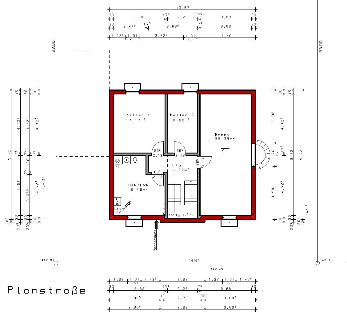 Basement floor plan with basement rooms 1 and 2, hobby room, utility/technical room and hallway; red exterior wall.