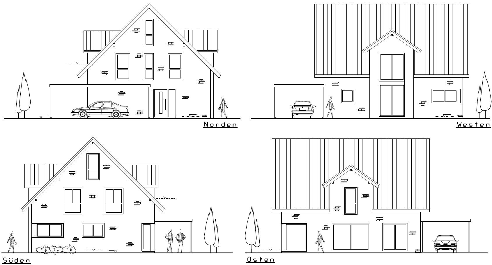 Four facades of a modern single-family house with pitched roof, garage, cars, and people.