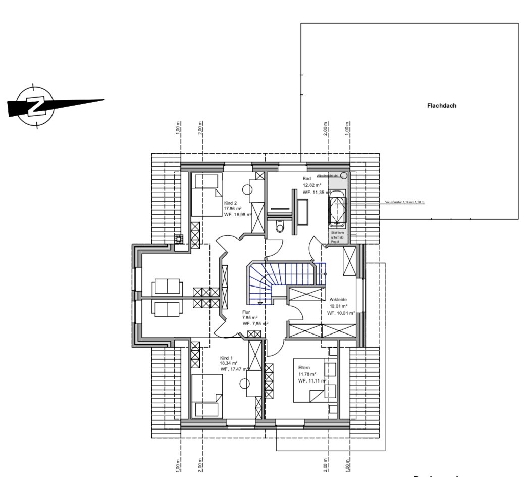 Dachgeschoss-Grundriss mit Flur, Eltern- und Kinderzimmer, Ankleide, Bad, Treppe
