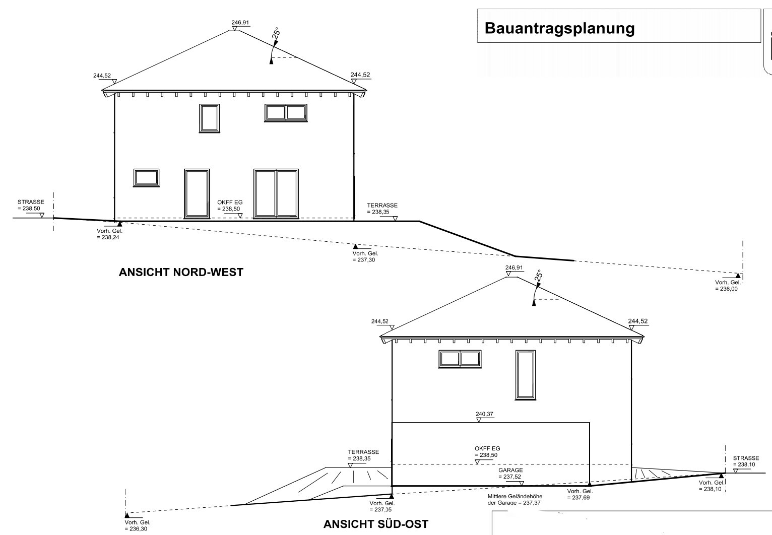 Two-story house in northwest and southeast views with terrace and garage, roof pitch 25°.
