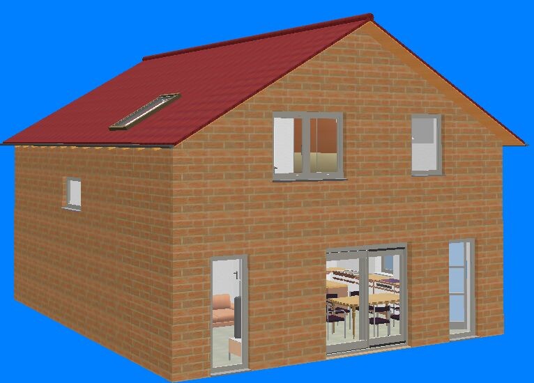 Brick house with red pitched roof, two stories, large glass fronts and dining table visible inside.