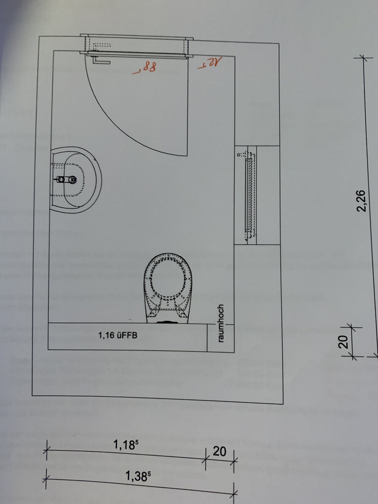 Bathroom floor plan with toilet at the bottom, washbasin on the left, door arch top left, radiator on the right.