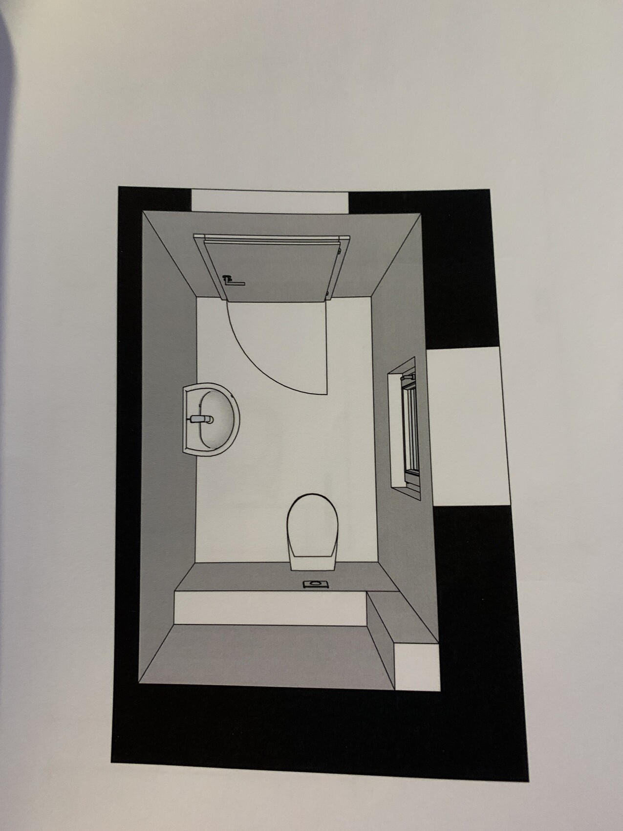 Isometric view of a small bathroom with toilet, washbasin, door, and window.