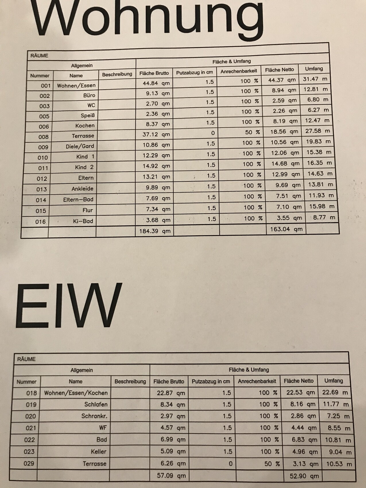Two tables showing apartment layouts with rooms, areas, and measurements (Apartment/Secondary Unit).