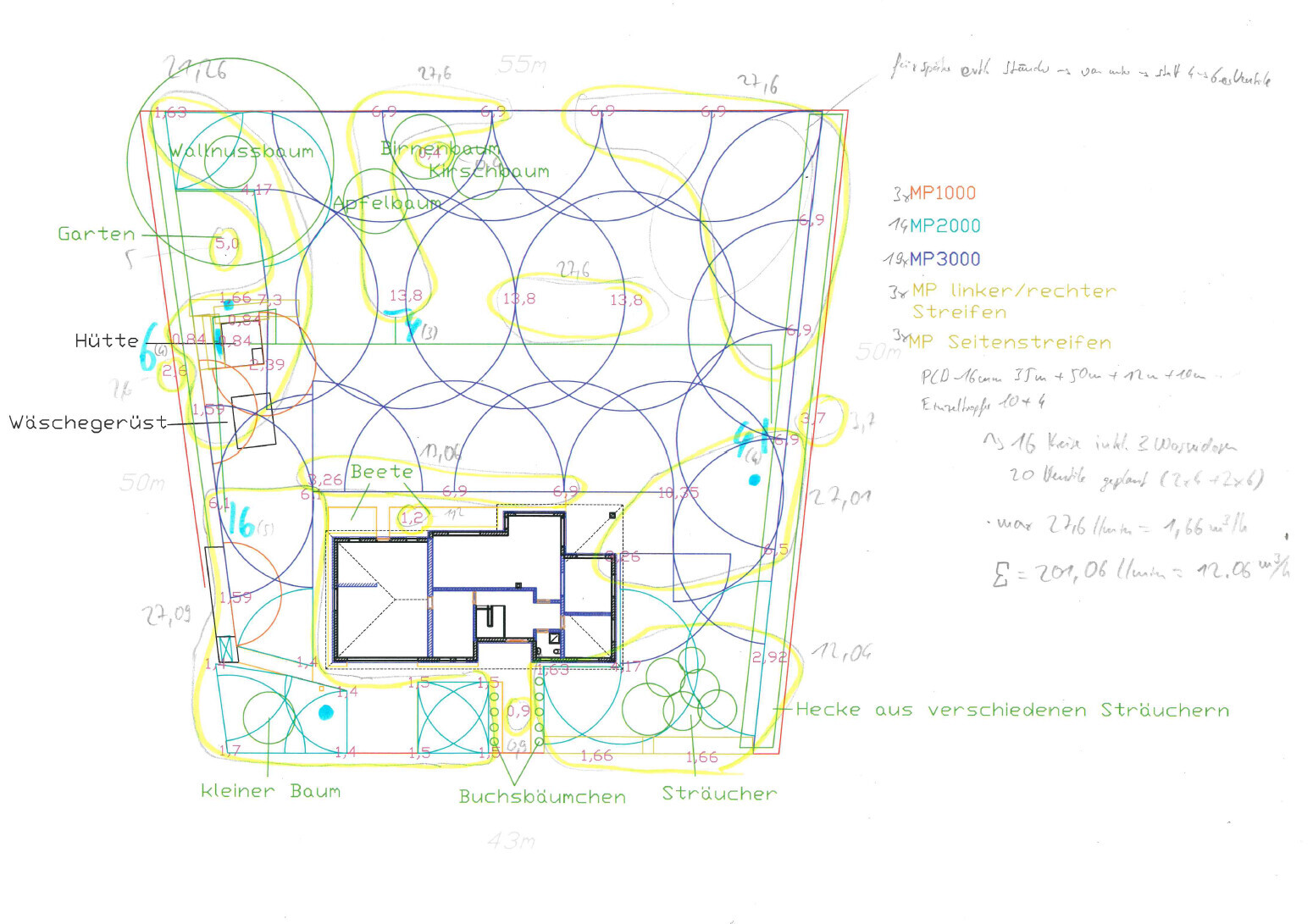 Property and garden plan with house floor plan, trees, and beds