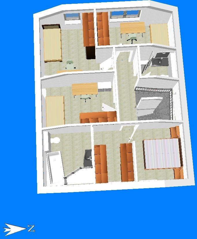 Bird’s-eye view of an apartment floor plan with bedrooms, tables, chairs and sofas.