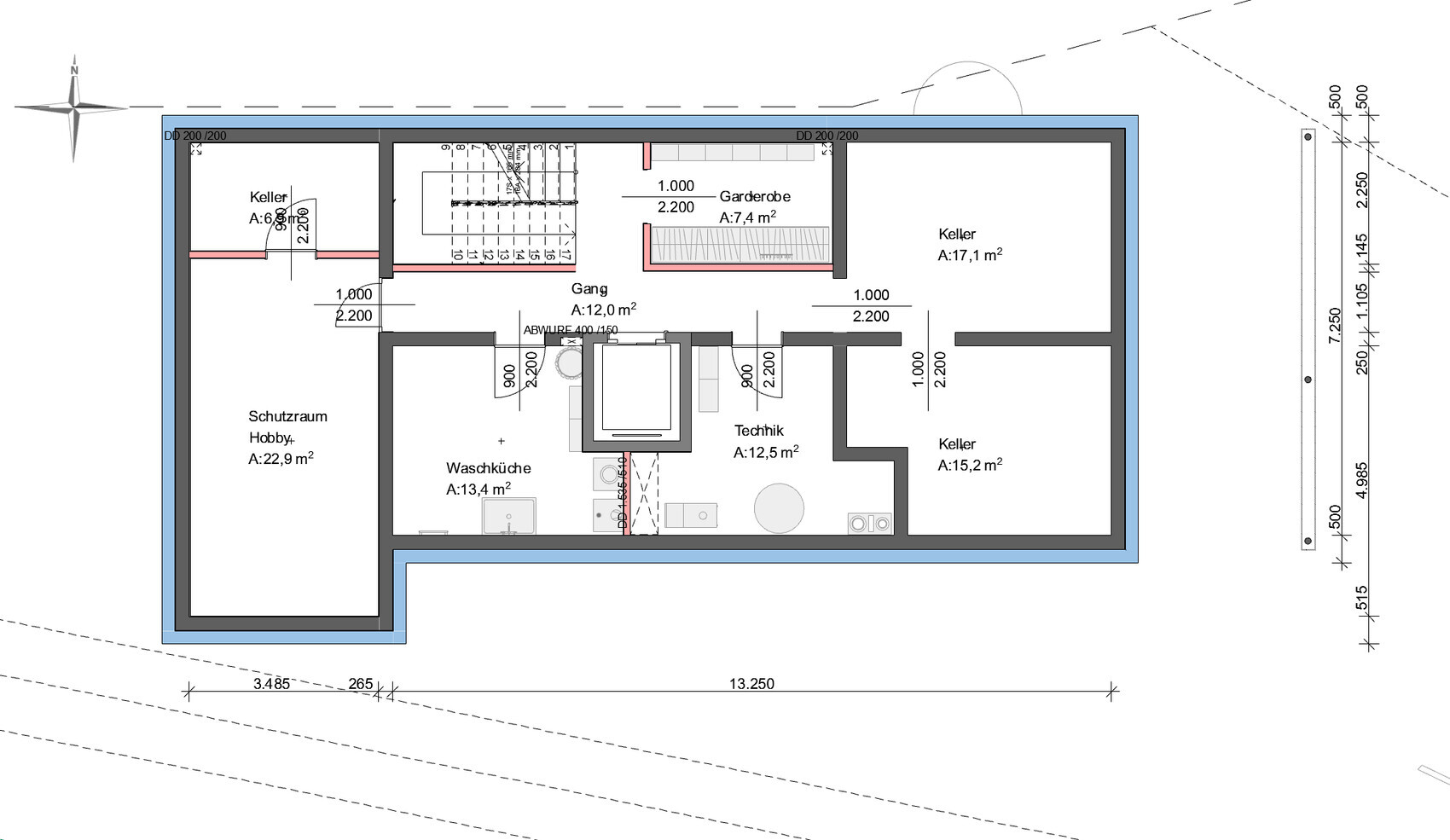 Basement floor plan: hobby room, laundry, technical room, several cellar rooms, corridor, wardrobe.