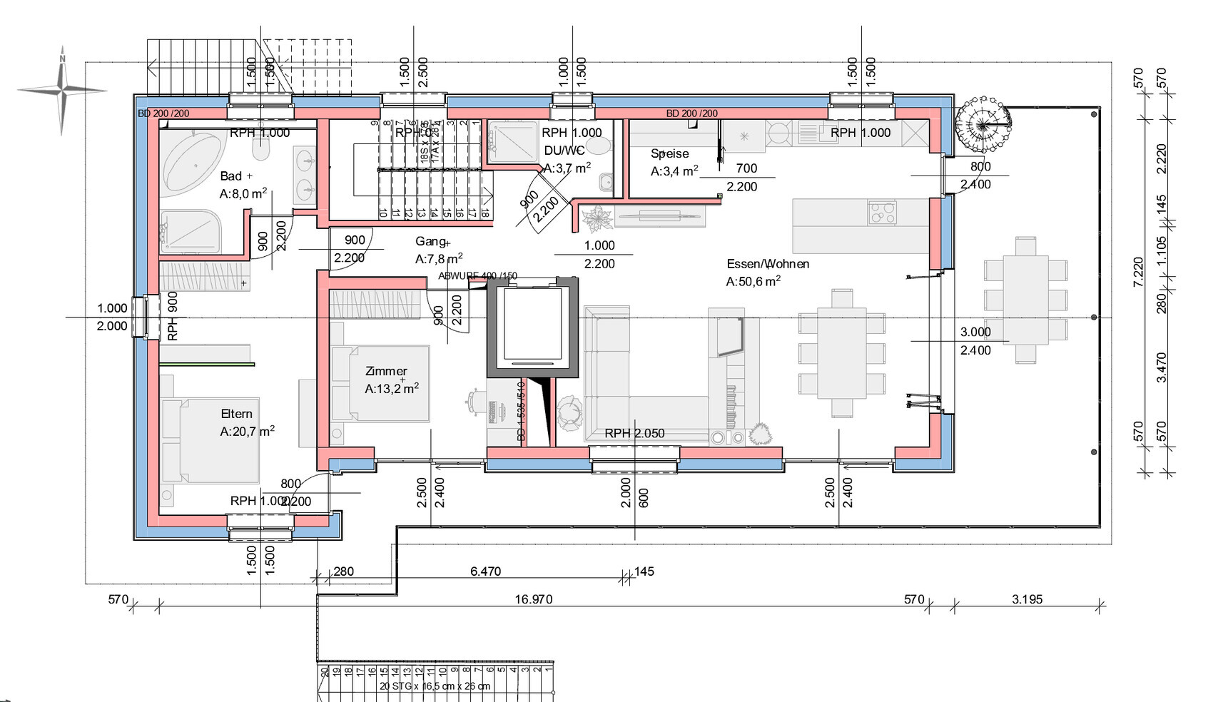 Floor plan of a house: rooms such as bathroom, kitchen, dining/living area, hallway, bedroom, children’s room.