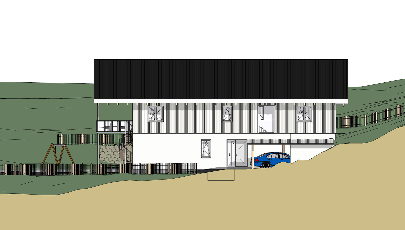 Two-story house with black roof, carport, blue car, fence, and playground.