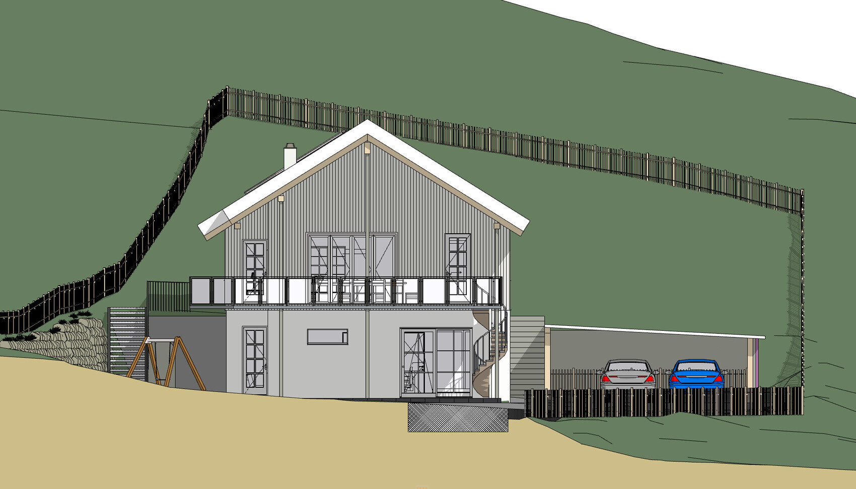 Exterior view of a two-story house on a slope with terrace, stairs, fence, and carport.