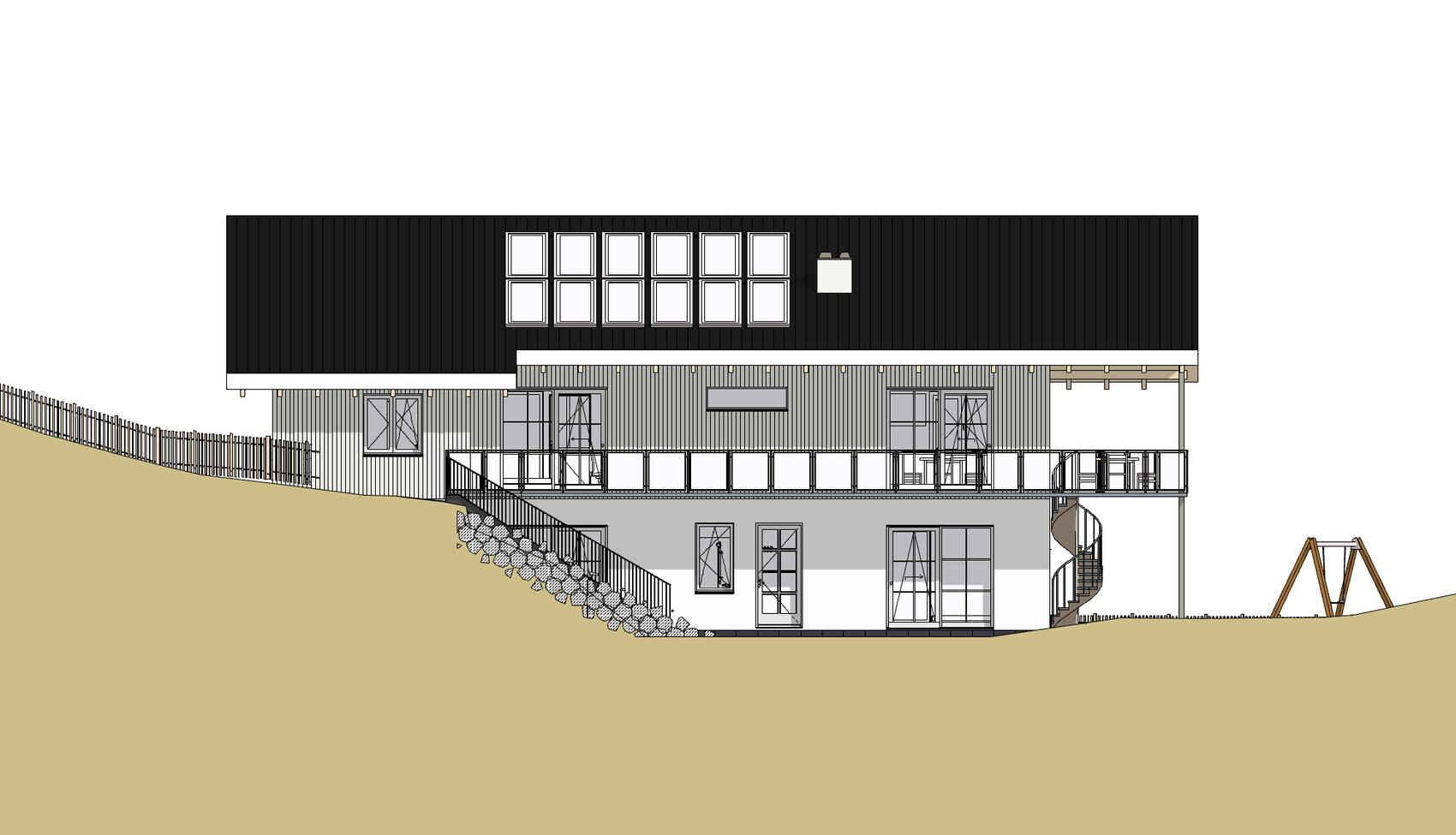 Multi-story house on a slope with black roof, glass railing, terrace, and play equipment.