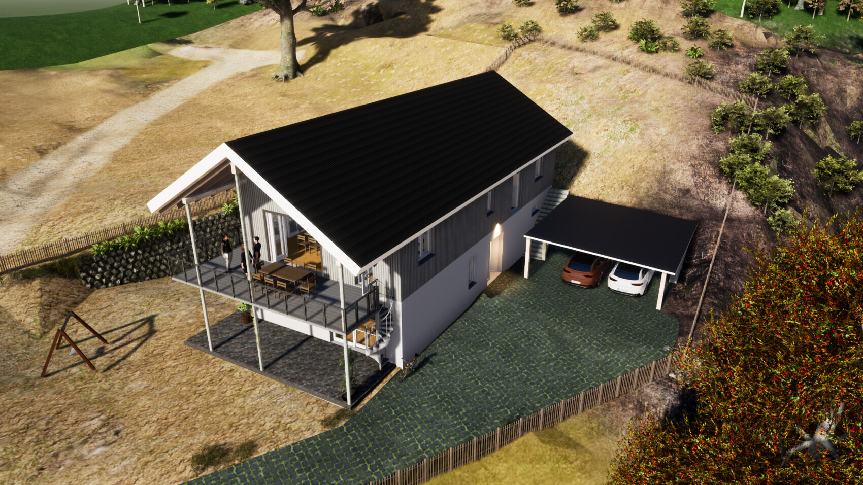 Modern two-story house with black gable roof, veranda, and carport with two cars.