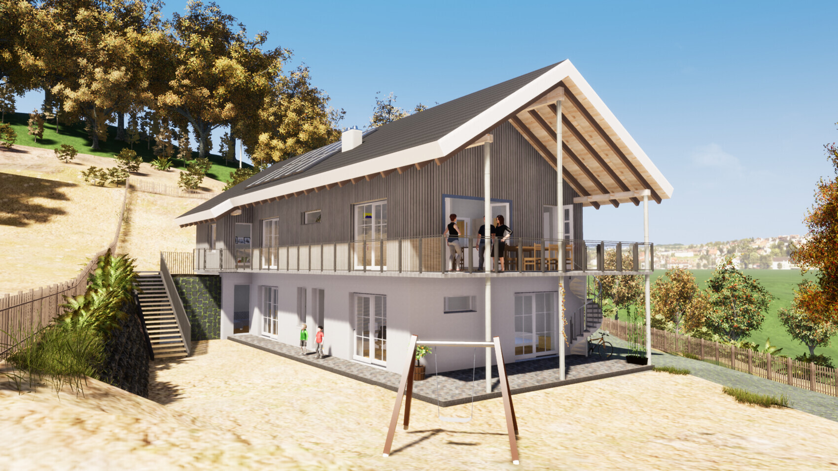 Modern two-story house with wooden façade, balcony, stairs, people outside, playground in front.