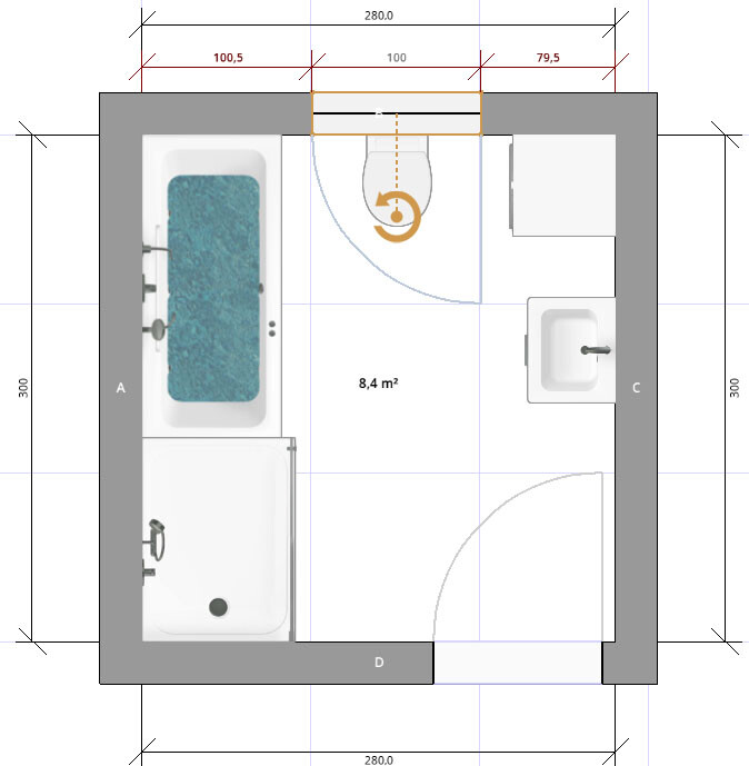 Floor plan of an 8.4 m² (90 sq ft) bathroom: bathtub on the left, sink on the right, door at the top.