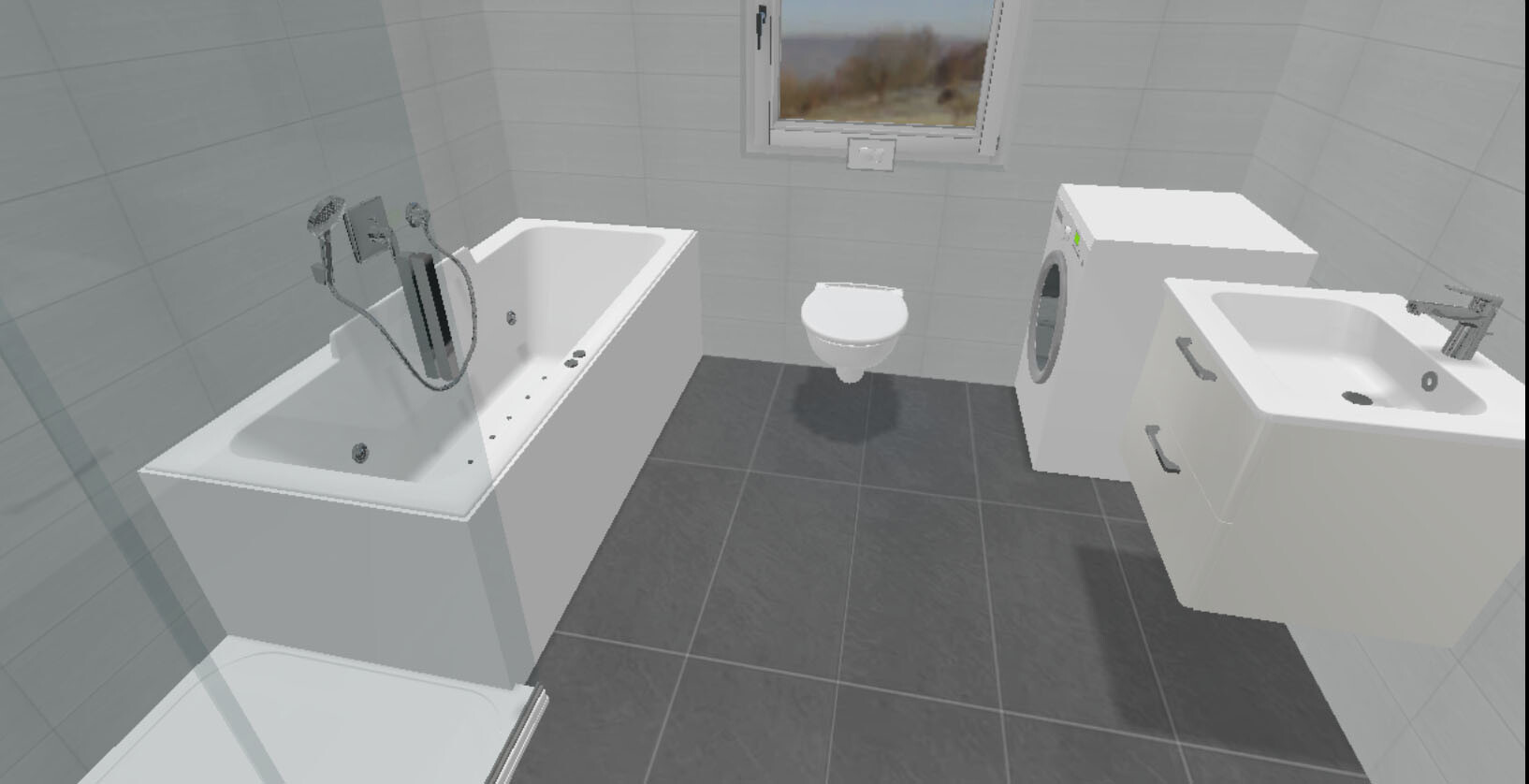 Modern bathroom with bathtub, toilet, washing machine, sink, and window.