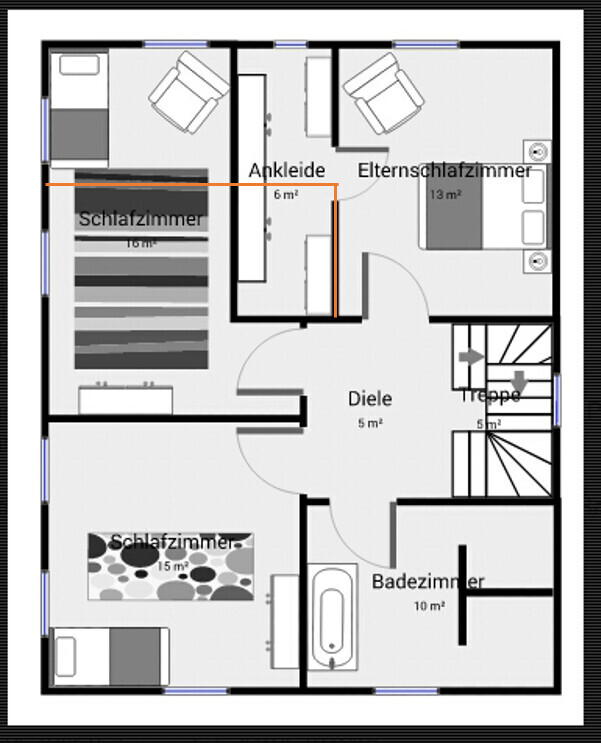 Grundriss eines Hauses: zwei Schlafzimmer, Ankleide, Elternschlafzimmer, Diele, Treppe, Badezimmer
