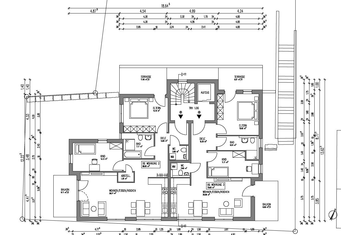 Floor plan of a multi-family house: three apartments, balconies, stairwell, elevator, terraces.