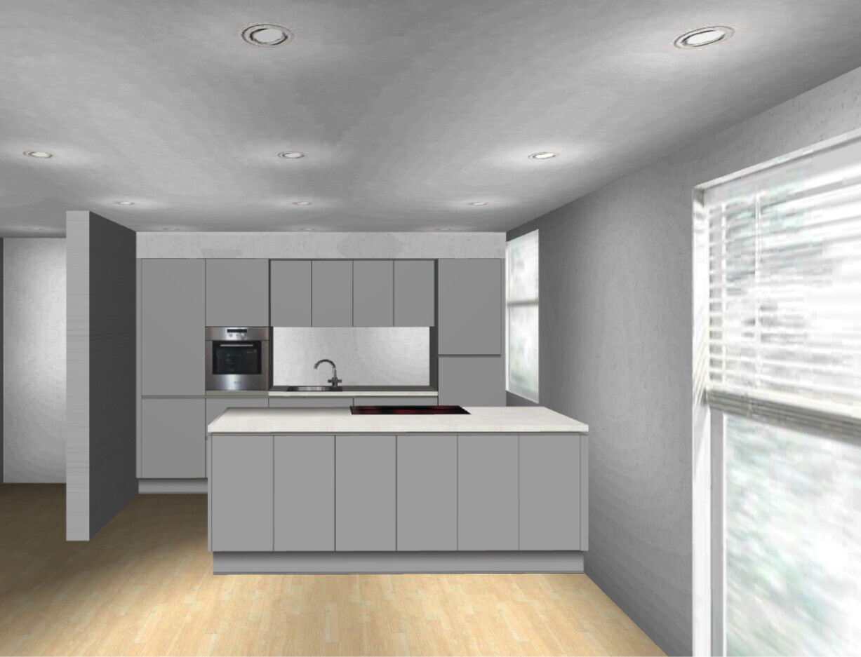 Modern kitchen with gray cabinets, kitchen island, oven, sink, and large window, wooden floor.