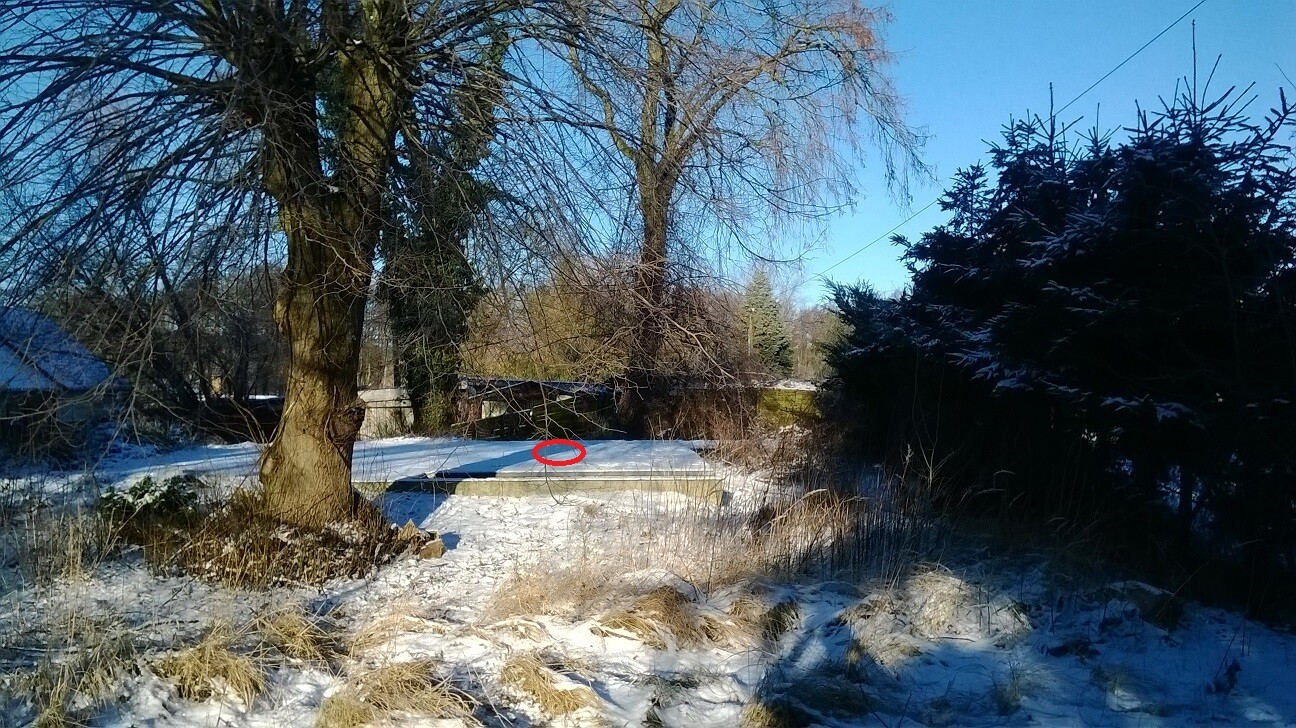 Winter landscape with snow and trees; red circle highlighting a small object on a wall