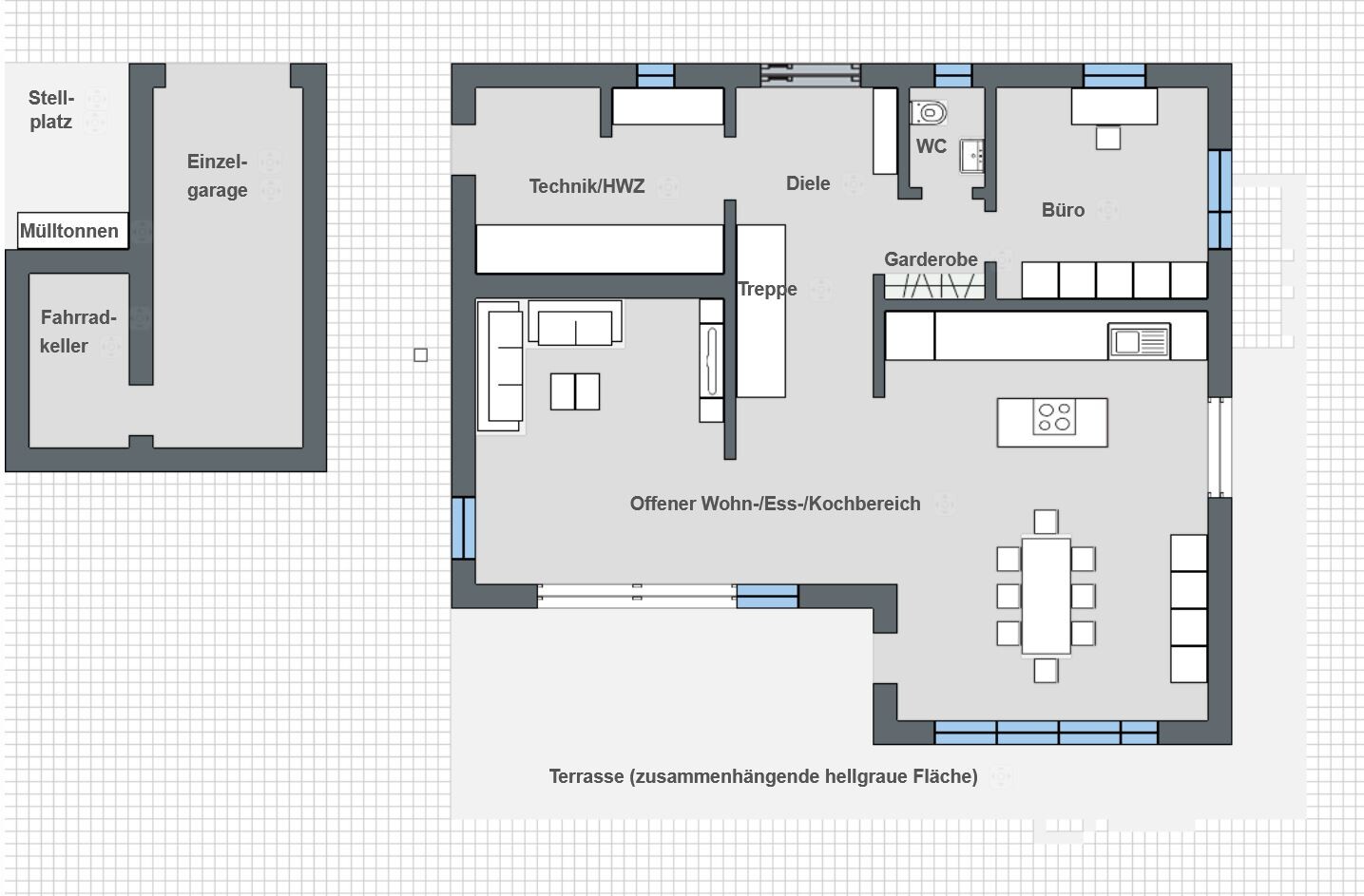 Floor plan of a house with open living/dining/kitchen area, hallway, office, terrace, and garage.