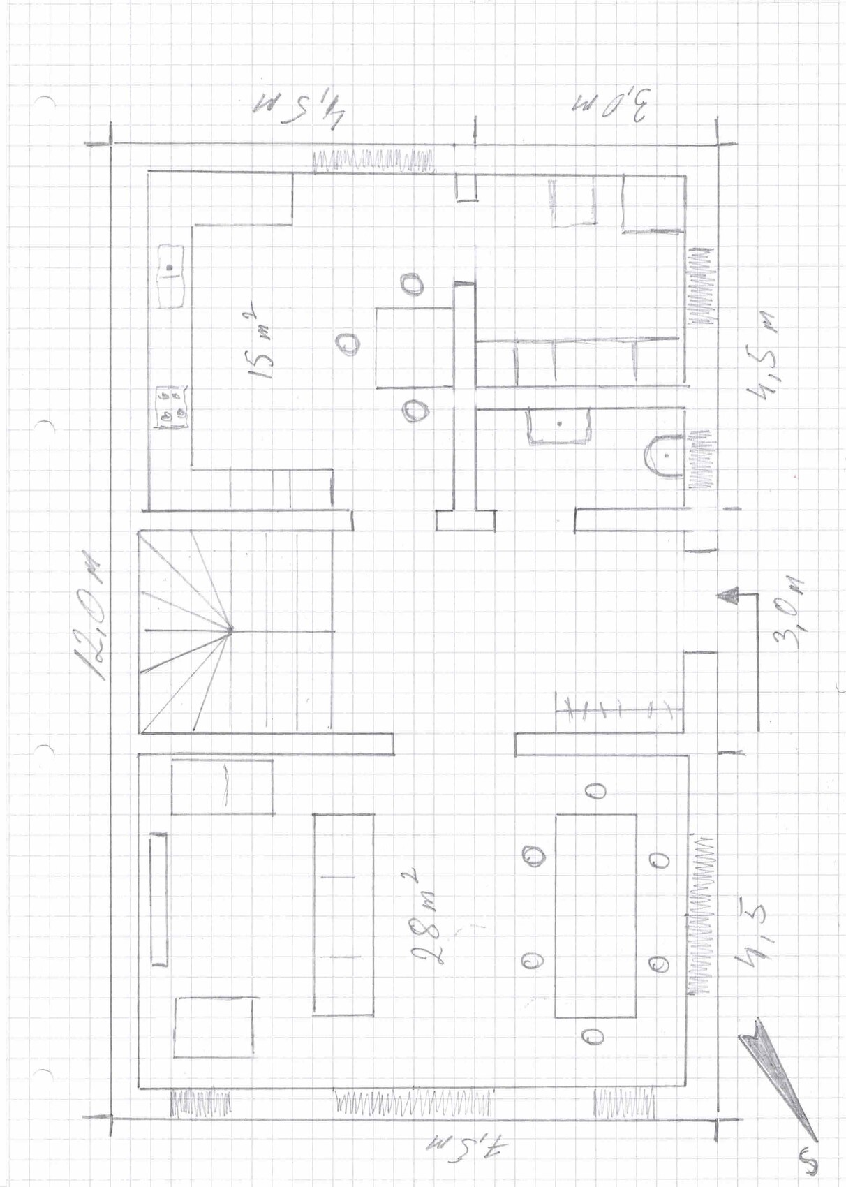Hand-drawn floor plan of a house with kitchen, bathroom, several rooms, staircase, and dimensions.