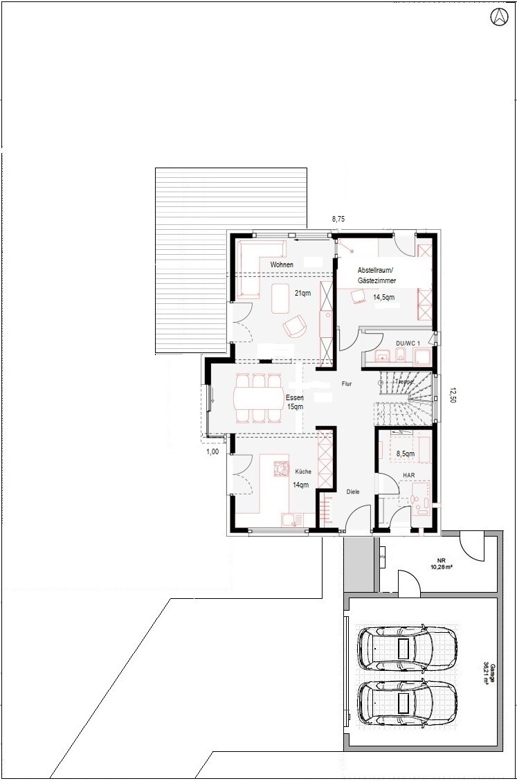 Ground floor plan: living, dining, kitchen, shower/WC, hallway, utility room, storage, garage for 2 cars
