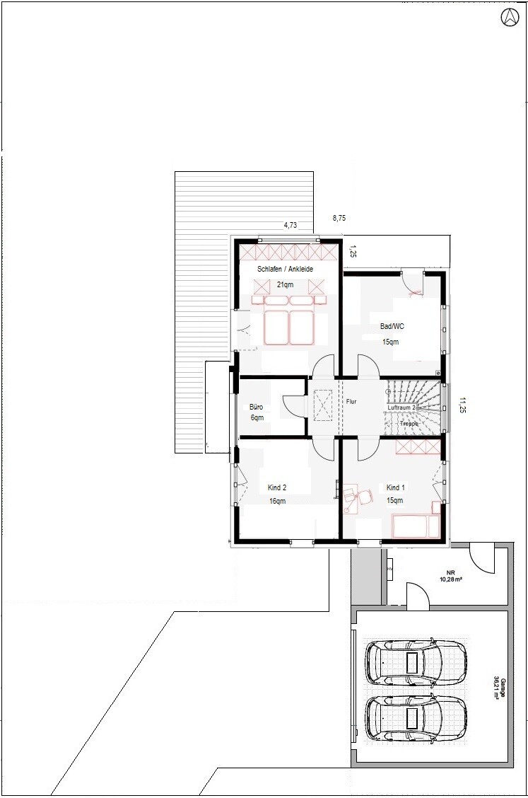 House floor plan: bedroom/walk-in closet, bathroom, office, children's rooms, corridor, staircase, garage.